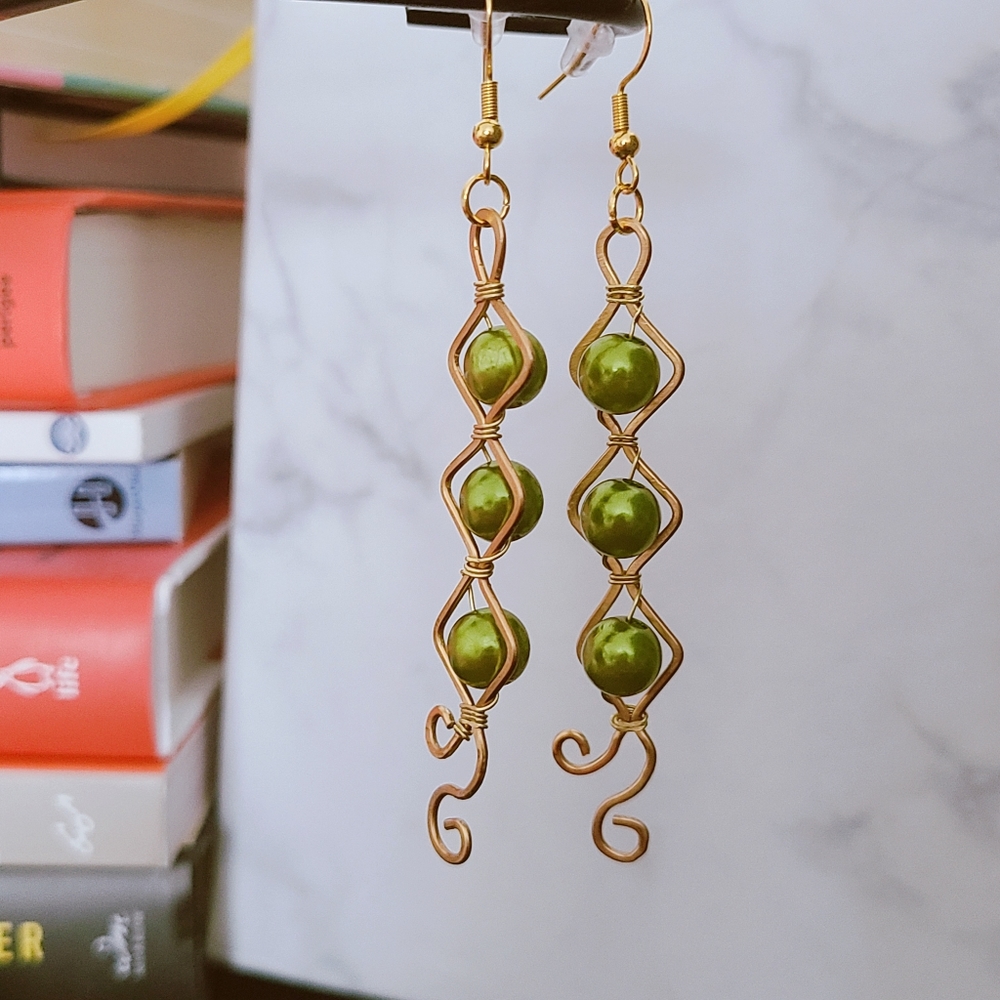 Earrings - Olive Beads Wrapped in Brass